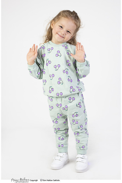 Harika KIDS Baby Girl & Child Two Thread Fabric Cherry Patterned Medium Thickness Knitted Basic Oversize Bottom Top Tracksuit