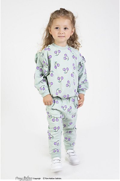 Harika KIDS Baby Girl & Child Two Thread Fabric Cherry Patterned Medium Thickness Knitted Basic Oversize Bottom Top Tracksuit
