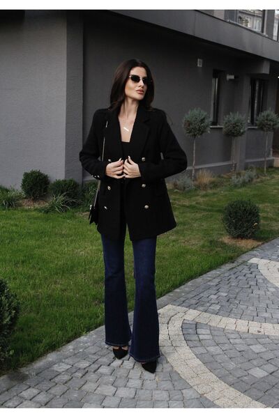 Julidress Black Double Breasted Metal Gold Button Lined Premium Tweed Blazer Jacket