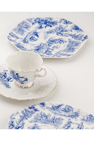 Bursa Porselen Dekor Mavi İngiliz 4 parça porselen tatlı/kurabiye tabağı