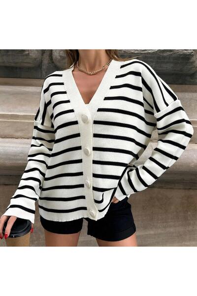 twomeey Women's Striped V-Neck Buttoned Soft Textured Knitwear Cardigan