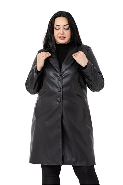 DISENTIS MODEST Large Size Pocketed Button Closure Lined Leather Black Coat