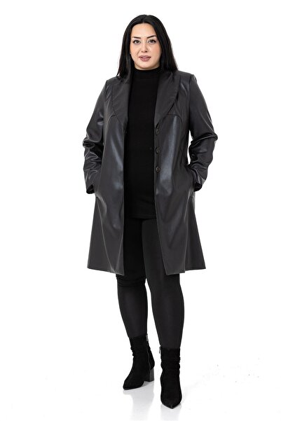DISENTIS MODEST Large Size Pocketed Button Closure Lined Leather Black Coat