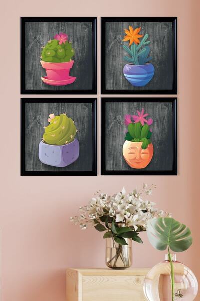 UNT Σετ 4 έγχρωμων πινάκων με κάρτσες κάκτων με εμφάνιση πλαισίου