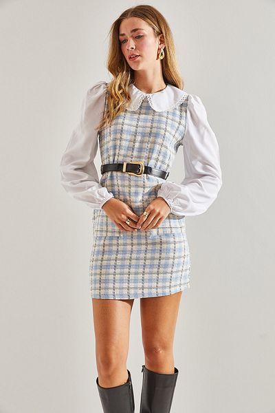 Bianco Lucci Women's Belted Plaid Patterned Collar Dress