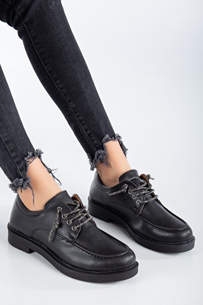 SOFT FASHION Kadın Siyah Yeni Moda Rahat Bağcıklı Sessiz Termo Taban Loafer Günlük Ayakkabı - Topuk 3 cm
