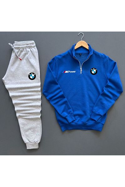 NewCabin Унисекс синьо-сив комплект анцуг с щампа Bmw с половин цип