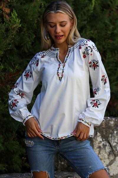 Chiccy Bluză casual țesută cu guler brodat alb, mânecă cu balon, cu guler brodat și capătul mânecii