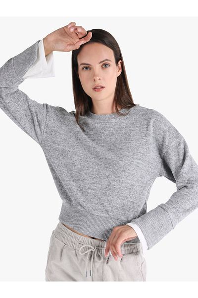 Colin's Tricou gri pentru damă, cu mânecă lungă, cu decolteu și decolteu