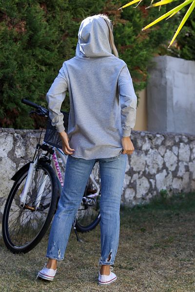 Chiccy Gray Hooded Long Sleeve Knitted Casual Sweatshirt