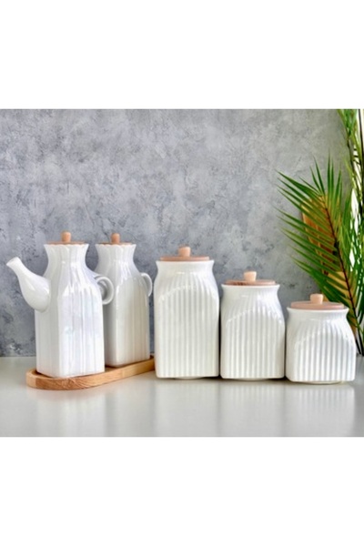 Pembelia Life 6 Parça Standlı Kare Porselen 1000ml Yağdanlık Ve 3'lu Çay Şeker Tuz Kavanoz Saklama Seti Çeyizlik