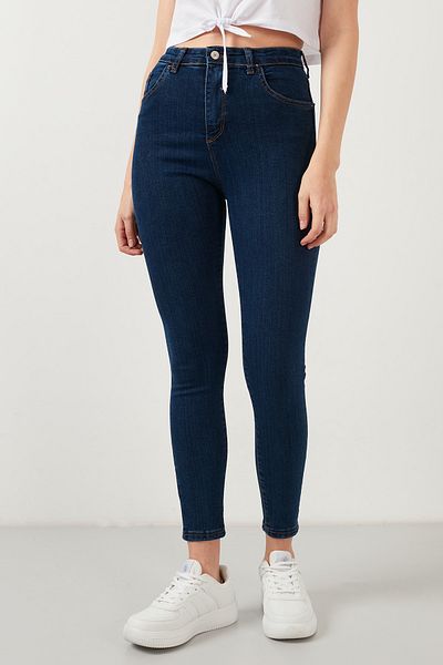 ButikDina Blugi de damă skinny lycra cu talie înaltă albastră - până la gleznă