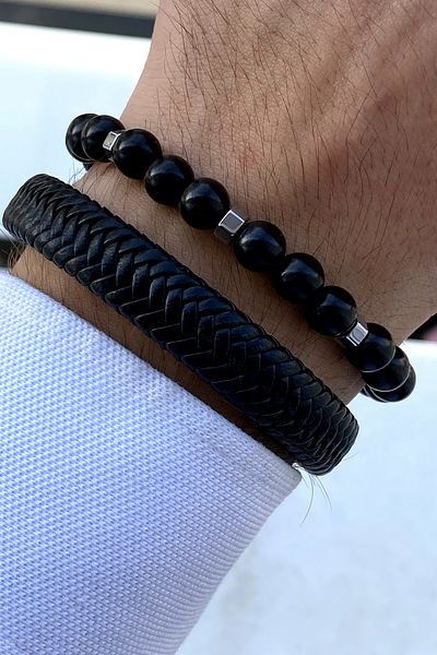 TAKIPORT Black Leather, Natural Stone Men's Bracelet Set