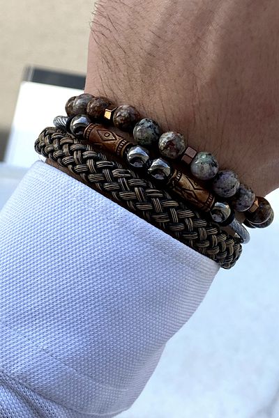TAKIPORT Luxury Men's Leather, Steel Bracelet Combination