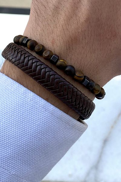 TAKIPORT Tiger Eye, Knitted Leather Bracelet Set