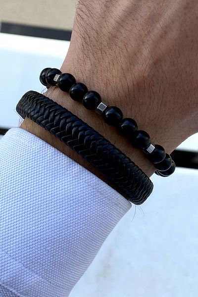 TAKIPORT Black Leather, Natural Stone Men's Bracelet Set