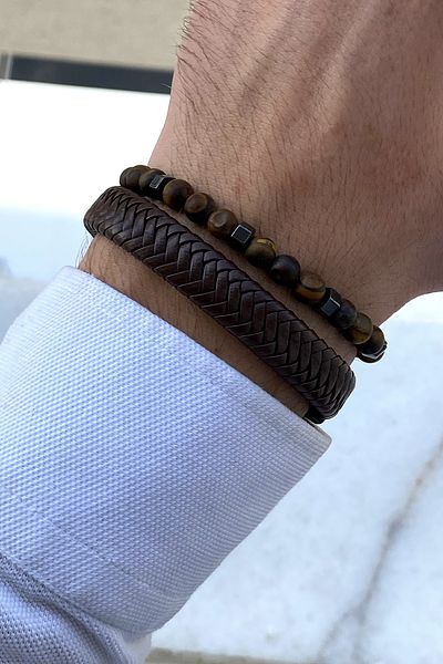 TAKIPORT Tiger Eye, Knitted Leather Bracelet Set