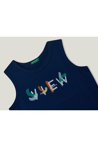 United Colors of Benetton Boy's Navy Blue BE Water Printed Top Tank