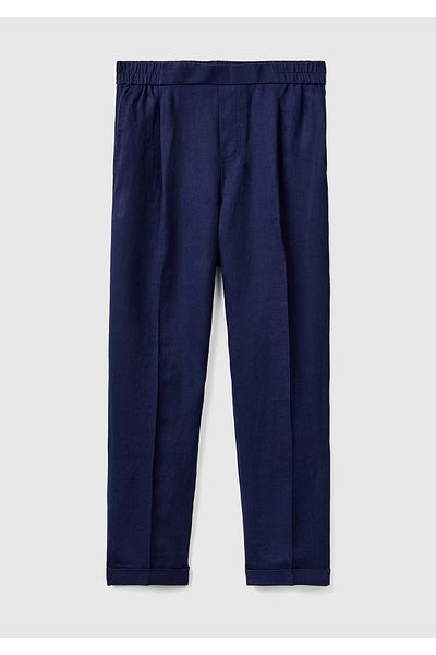 United Colors of Benetton Women's Navy Blue Elastic Waist Linen Trousers