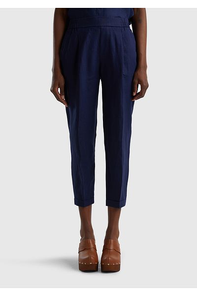 United Colors of Benetton Women's Navy Blue Elastic Waist Linen Trousers