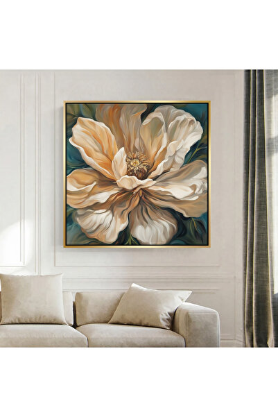 Markazip Bej Çiçek Altın Metal Çerçeveli Kanvas Tablo 70x70cm Kod: Lh111-k