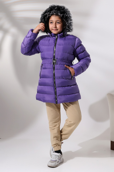 Talsmoda لون أرجواني مع فرو داخلي وحزام للأطفال