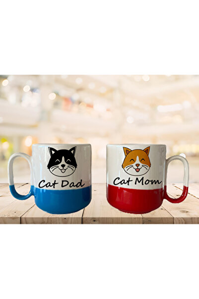 GünayStore CAT DAD & CAT MOM YAZILI KEDİ BASKILI PRO İKİ RENKLİ SEVGİLİ ÇİFT ...