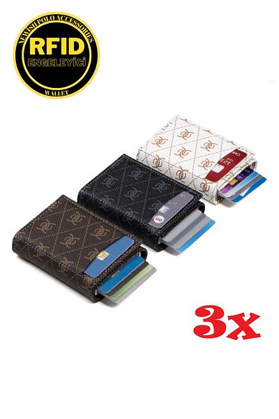 Newish Unisex Text Pattern 3 Pieces Anti-Theft Rfid Protected Vegan Δερμάτινο πορτοφόλι και θήκη για κάρτες
