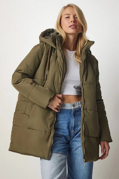 hazelin Γυναικείο χακί κουκούλα με φερμουάρ Oversize μπουφάν Hzl24w-bd151631