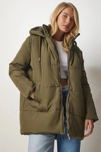 hazelin Γυναικείο χακί κουκούλα με φερμουάρ Oversize μπουφάν Hzl24w-bd151631