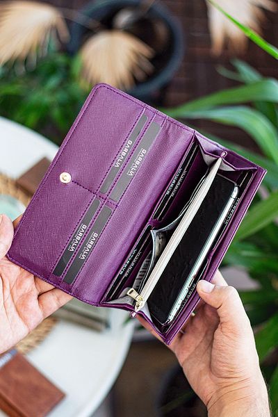 Garbalia Portofel pentru femei, elegant, din piele tehnologică, cu model de crocodil violet, cu o mulțime de suporturi pentru carduri și compartiment pentru monede