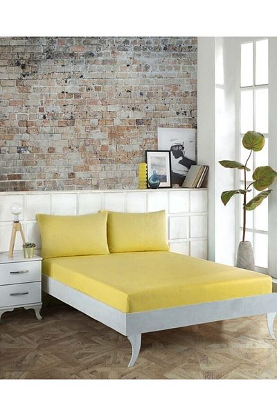 Soft Colours ملاءة سرير مطاطية مزدوجة مقاس 180x200 مكونة من قطعتين كيس وسادة أصفر