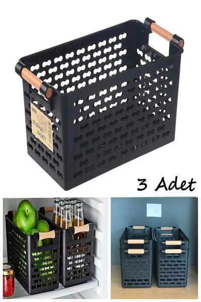 Bayev 3 Pieces Black Wooden Color Plastic Handle Organizer Basket Bread Bowl Vegetable Fruit Basket