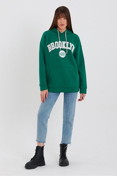 Avones Hanorac oversize brodat cu 3 fire de damă, verde închis