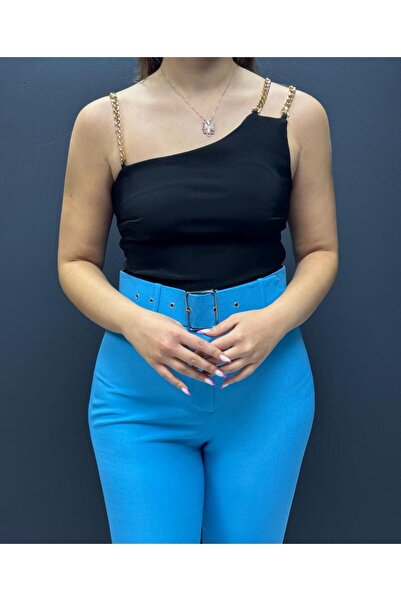 Sateen Yüksek Bel Kemerli Pantolon -mavi