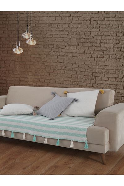 Lux Touch Калъф за диван Liva Mint Pompom - 115 x 200 см, разтегателен диван, фотьойл и шал с пискюли