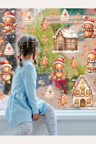 Sim Tasarım Christmas Gingerbread Men Merry New Year Town Decorative Glass Door Wall Sticker Set