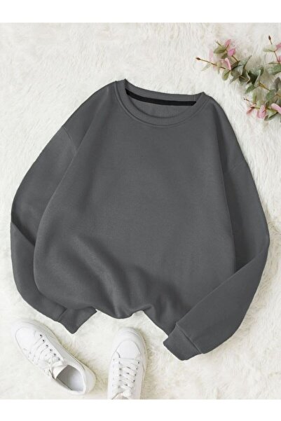 PALPİTO Women's Smoked Plain Crew Neck Oversize Sweatshirt