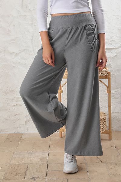 ESPİNA Women's High Waist Pocket Wide Leg Soft Quality Knitted Trousers