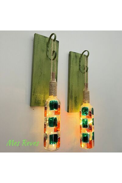 Mes Reves Peri Led Aydınlatma Yeşil Ahşap Dekorlu, Vitray El Boyama Turuncu Desen Şarap Şişesi Aplik 2'li Set