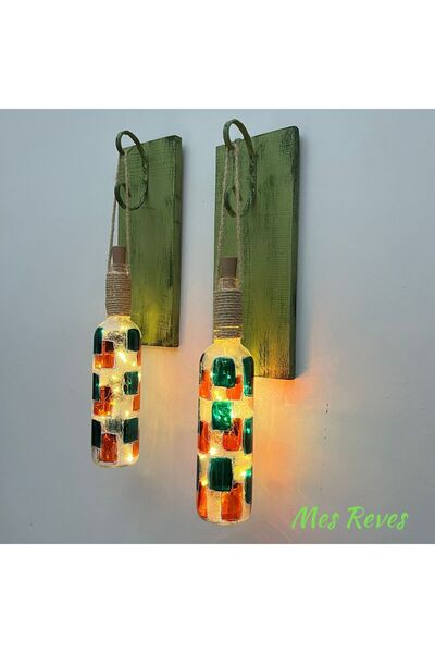 Mes Reves Peri Led Aydınlatma Yeşil Ahşap Dekorlu, Vitray El Boyama Turuncu Desen Şarap Şişesi Aplik 2'li Set