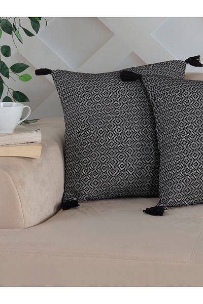 Lux Touch Husă de pernă neagră Bergama din 2 piese - Pernă cu fermoar cu smocuri, 45x45 cm