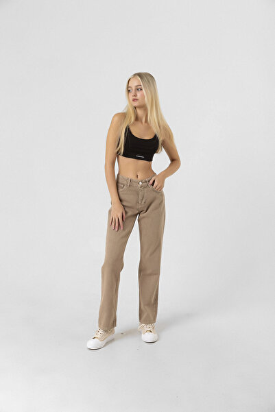 Darkly Jeans Kadın Bej Yüksek Bel Straight Fit Jean Pantolon
