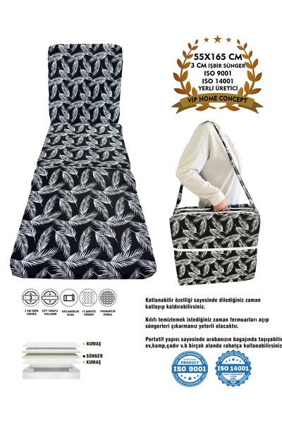 Vip Home Concept Market Ürünleri Katlanır Yer Yatağı Ve Tek Kişilik Sünger Katlanır Minder Yatak 55x165 Cm 3 Cm-SİYAH TÜY