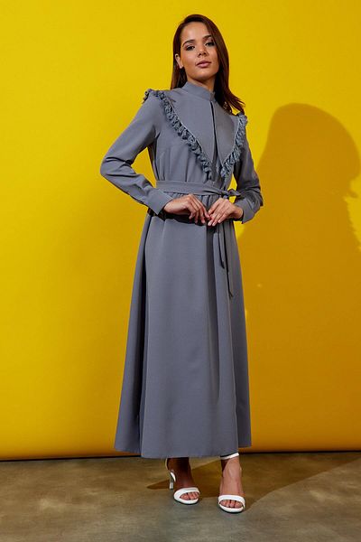 AL-TATARI Isabel Collar Detailed Belted Gray Dress