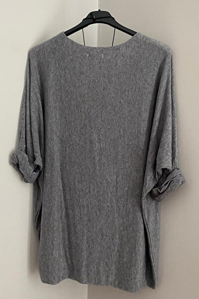 AYASOFYA OTANTIK Bluză de tricotat oversize cu gât rotund, gri italiană, pentru femei, cu accesorii pentru colier