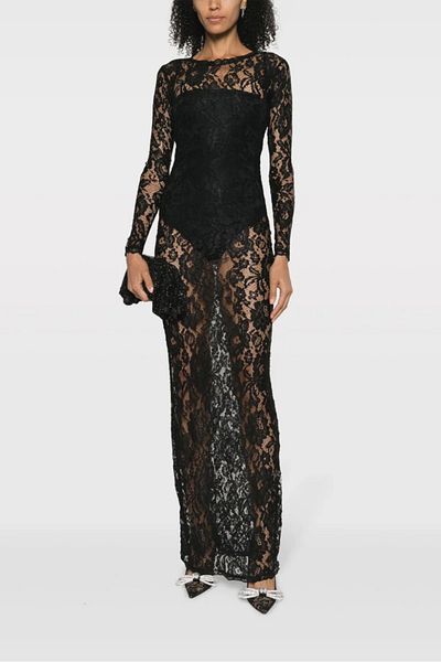 World Fashion Trends Rochie neagră maxi cu mânecă lungă din dantelă