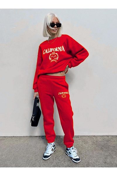 C&C OKULCUNUZ Red California Tennis Design Printed Oversize 3 Thread Tracksuit Set