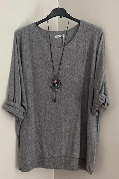 AYASOFYA OTANTIK Bluză de tricotat oversize cu gât rotund, gri italiană, pentru femei, cu accesorii pentru colier