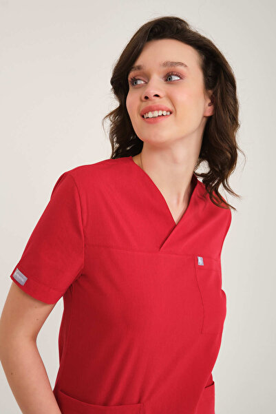 Pratik Medikal ليكرا الدعك الأحمر المغلف طوق طبيب ممرضة جيرسي أعلى أعلى